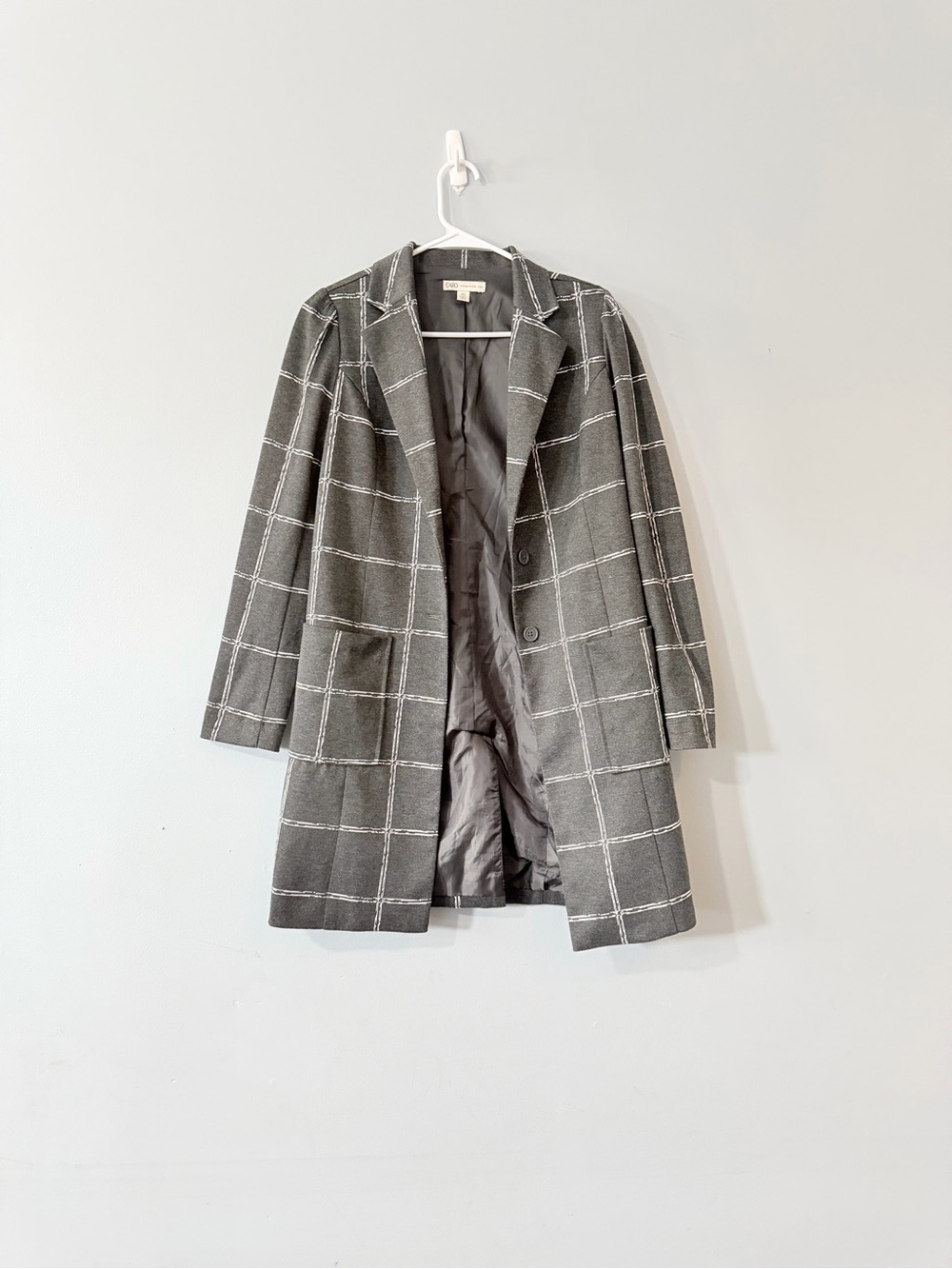 Cato Size XS Gray Windowpane Plaid Longline Blazer Coat Jacket Career